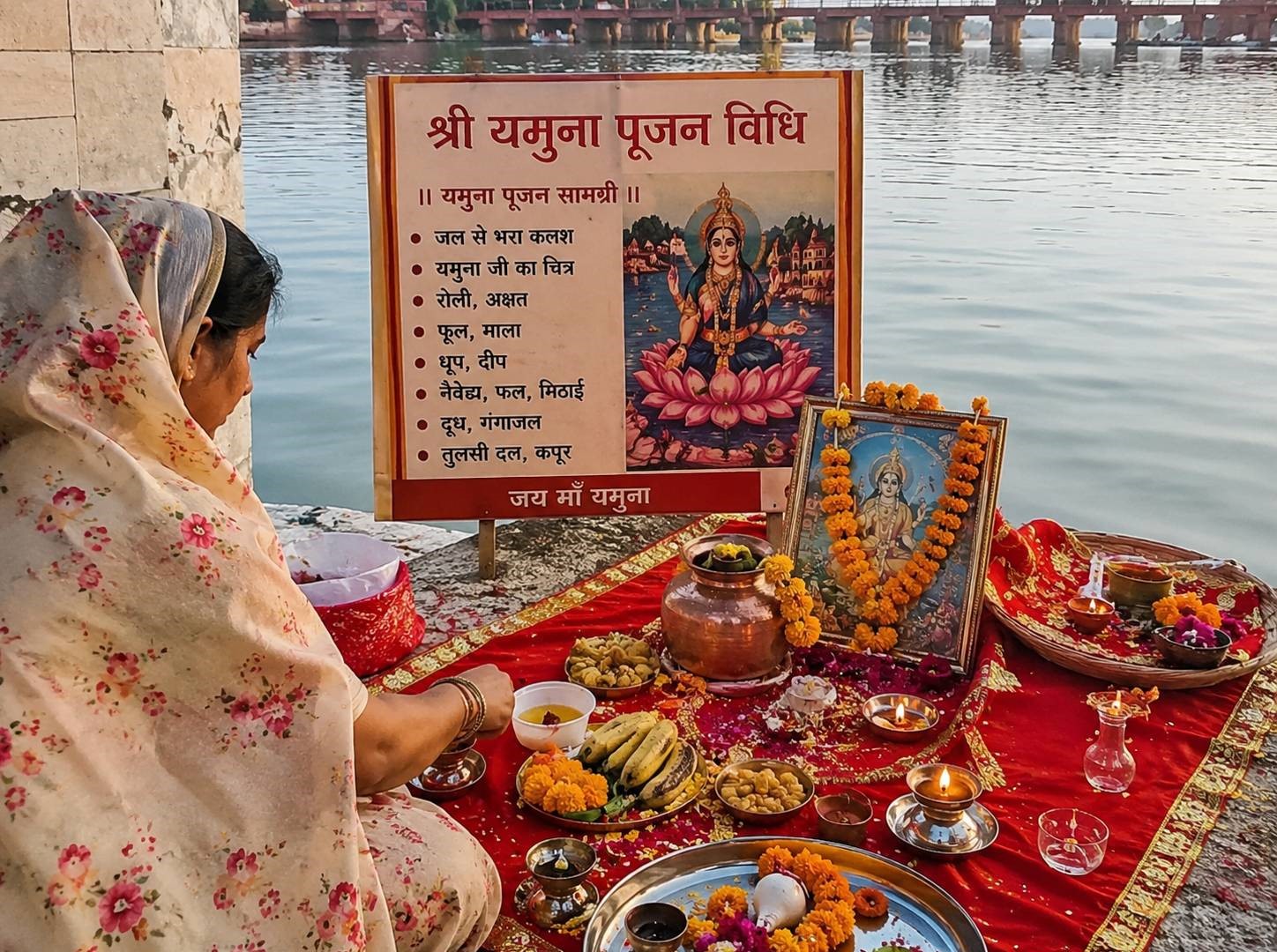 यमुना पूजन विधि — संपूर्ण पूजा सामग्री, मंत्र और पूजा क्रम